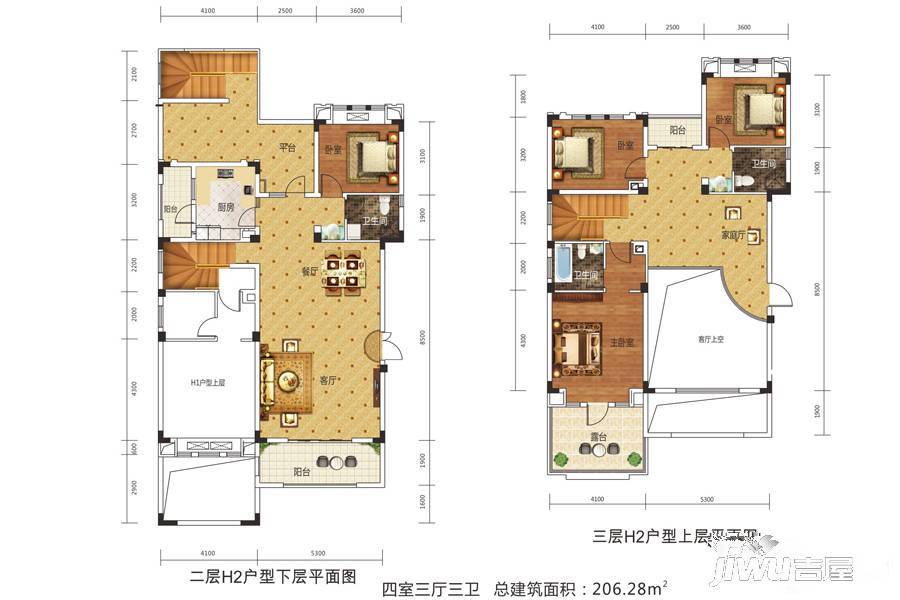 百步亭金桥汇4室3厅3卫206.3㎡户型图