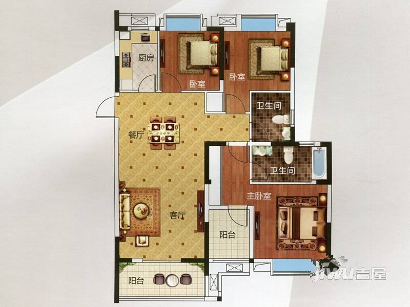 百步亭金桥汇3室2厅2卫129㎡户型图