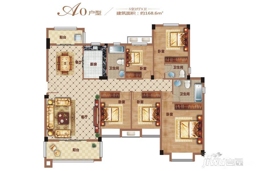 恒达盘龙湾荷苑5室2厅3卫168㎡户型图