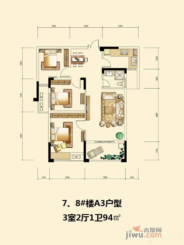 国创青云3室2厅1卫94㎡户型图