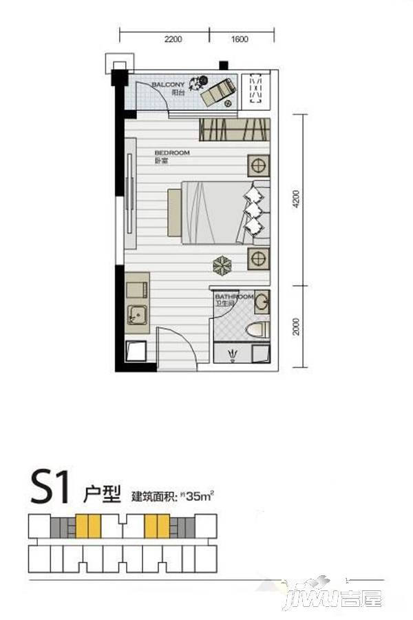 武汉SOHO商铺1室1厅1卫35㎡户型图