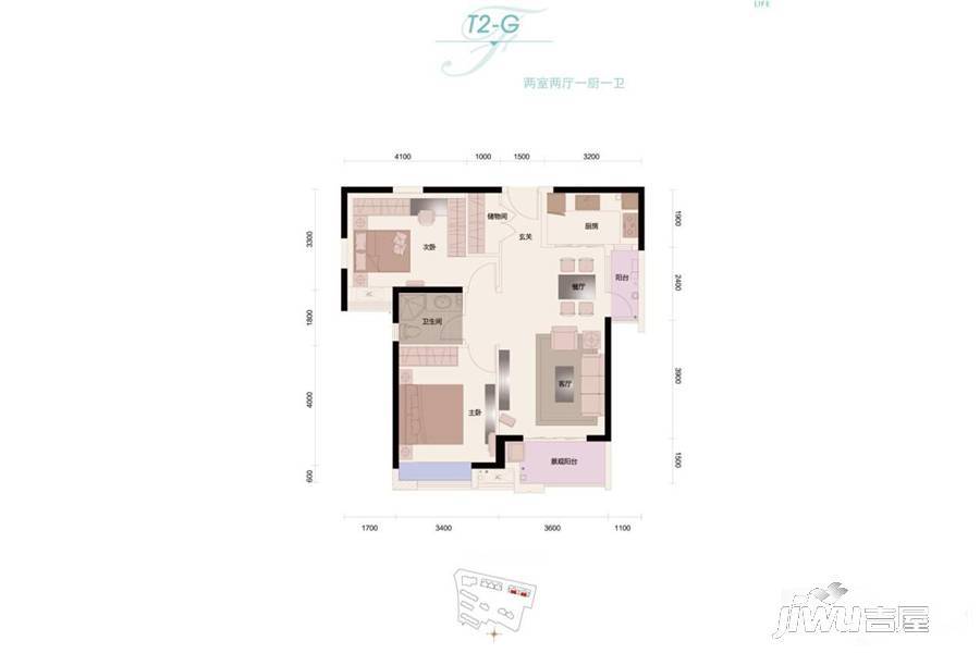 金湖听语二期留园2室2厅1卫93㎡户型图