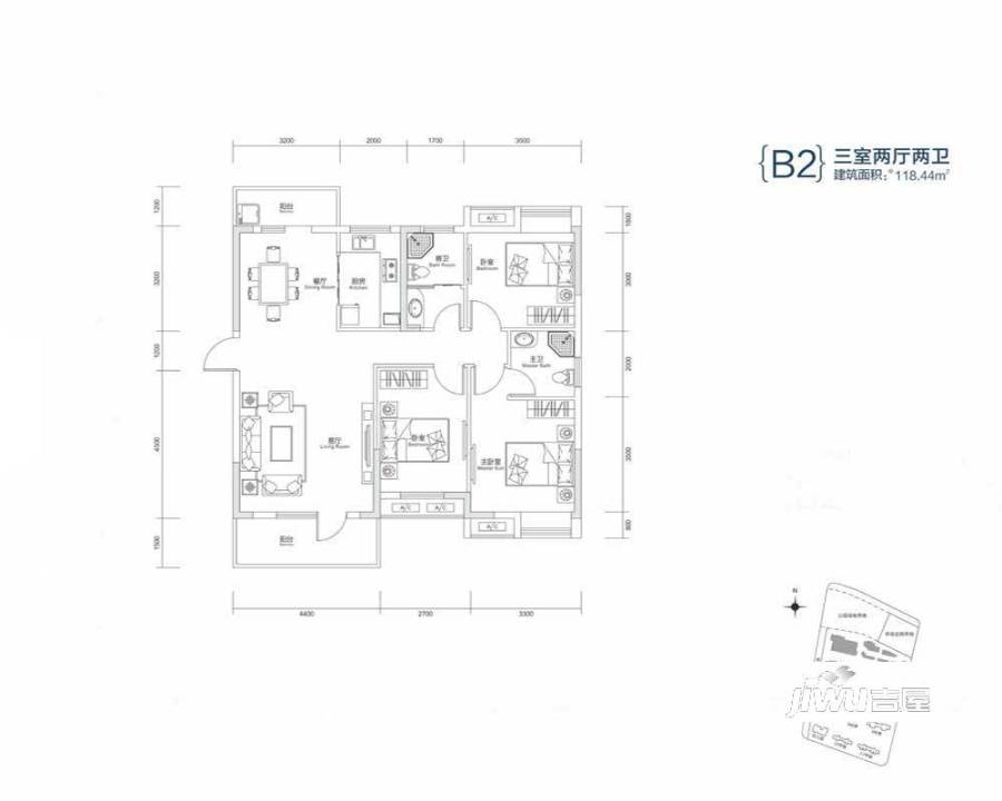 三和剑桥城3室2厅2卫118.4㎡户型图