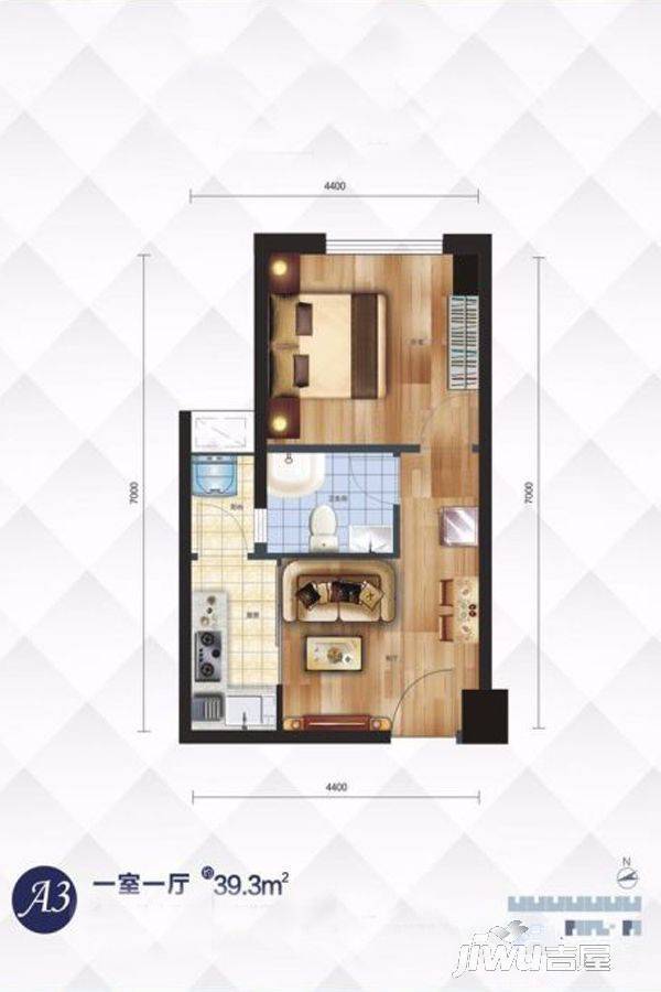 红枫金座1室1厅1卫39.3㎡户型图