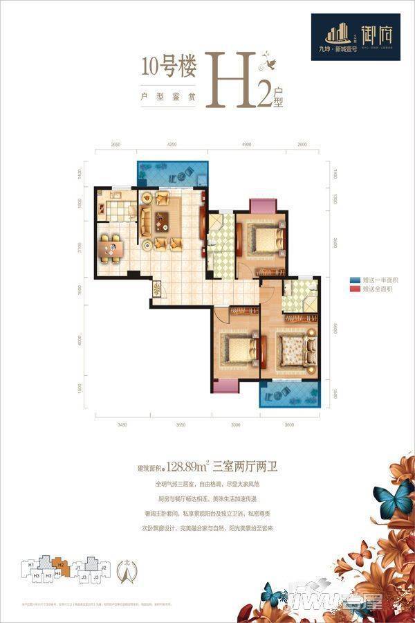 九坤新城壹号御府3室2厅2卫128.9㎡户型图