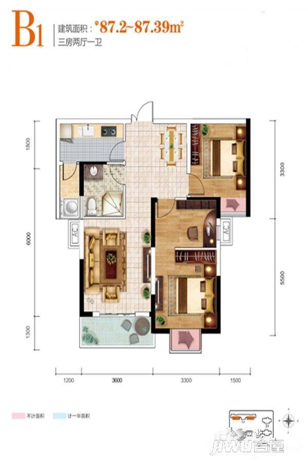 铁投江南御景3室2厅1卫87.2㎡户型图