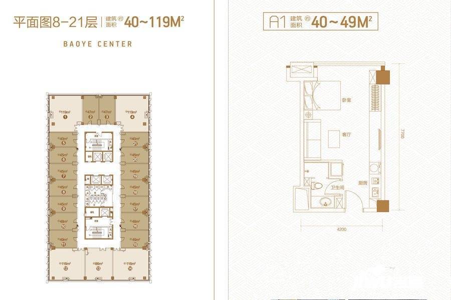 武汉宝业中心1室1厅1卫40㎡户型图
