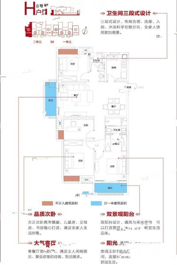 美联联邦生活区二期城仕4室2厅2卫142.5㎡户型图