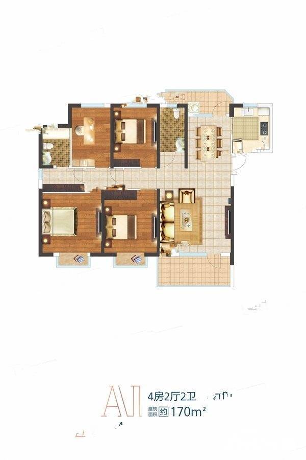 南国中心二期4室2厅2卫170㎡户型图