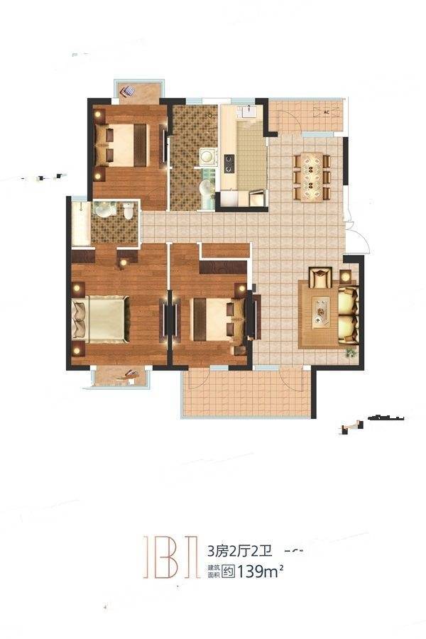 南国中心二期3室2厅2卫139㎡户型图