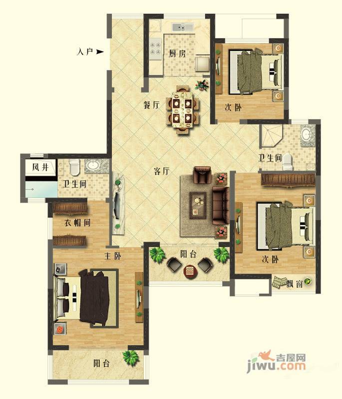 长江御园3室2厅2卫143㎡户型图