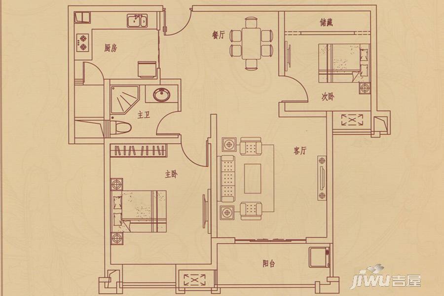 恒和中央璟园2室2厅1卫89.1㎡户型图