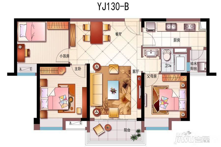 碧桂园白鹭湾3室2厅1卫130㎡户型图