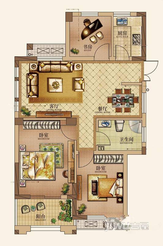 绿洲桂花城3室2厅1卫101.5㎡户型图