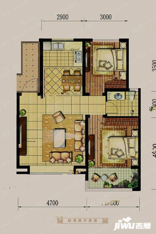 天成岭秀岭贤府2室2厅1卫95㎡户型图