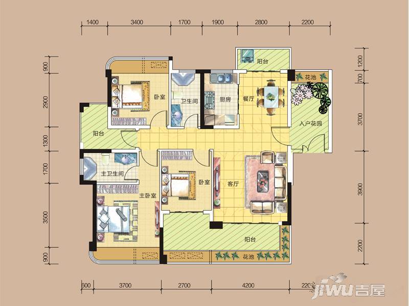 东方尊御4室2厅2卫123.5㎡户型图