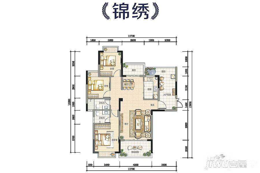 振业江岸3室2厅2卫130㎡户型图