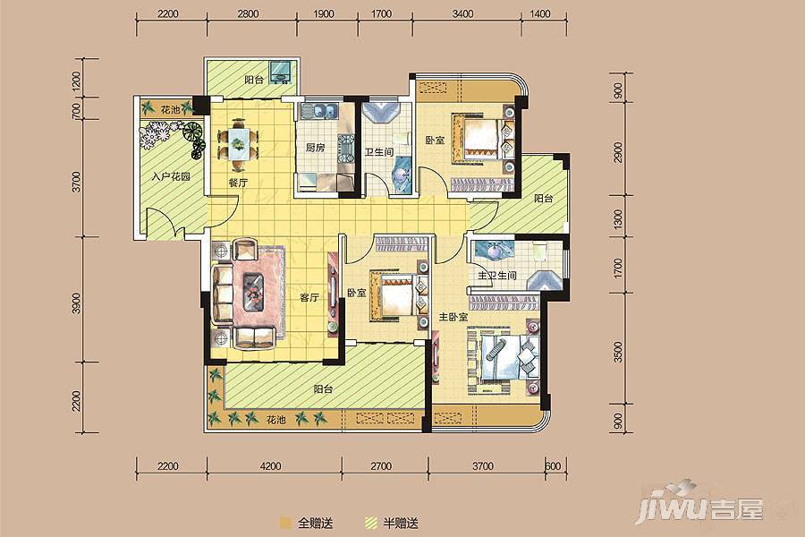 东方比华利山庄4室2厅2卫123.4㎡户型图