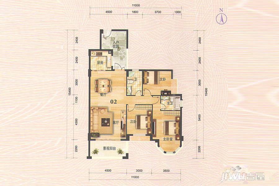 友诚公园国际3室2厅2卫125.5㎡户型图