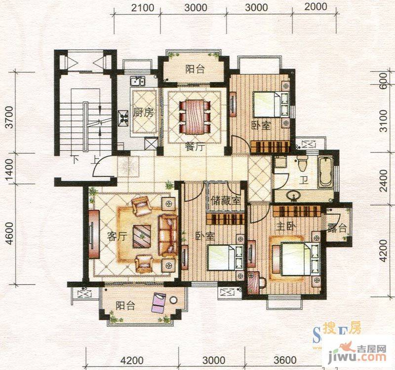 福田花园3室2厅1卫111.2㎡户型图