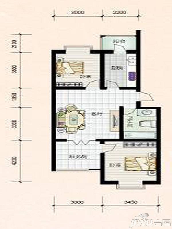 瑜芳园2室2厅1卫89.3㎡户型图