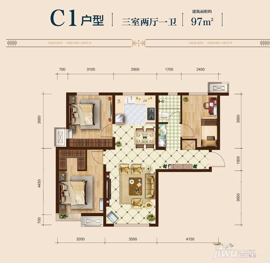 正荣润璟湾3室2厅1卫97㎡户型图