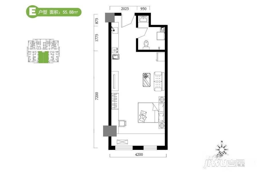 澜湾广场1室1厅1卫55.9㎡户型图