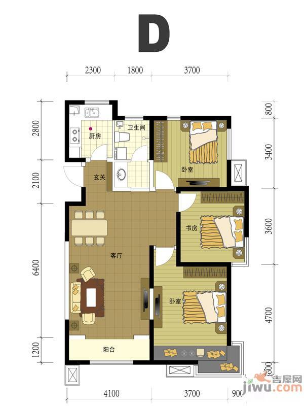 松江城3室2厅1卫113㎡户型图