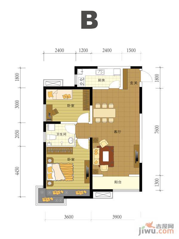 松江城2室2厅1卫95.1㎡户型图