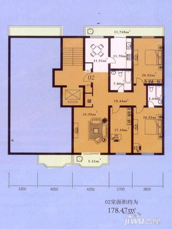 利海公寓3室2厅2卫178.5㎡户型图