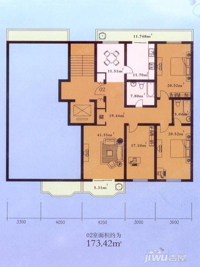 利海公寓3室2厅2卫173.4㎡户型图