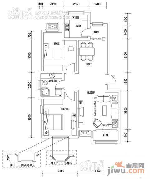 红磡领世郡别墅2室2厅1卫91.3㎡户型图