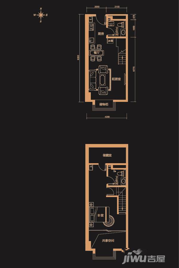 京津一品1室2厅2卫55.5㎡户型图