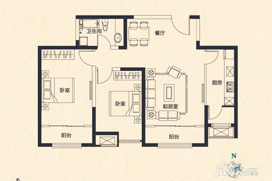 天物郁江溪岸2室2厅1卫102㎡户型图