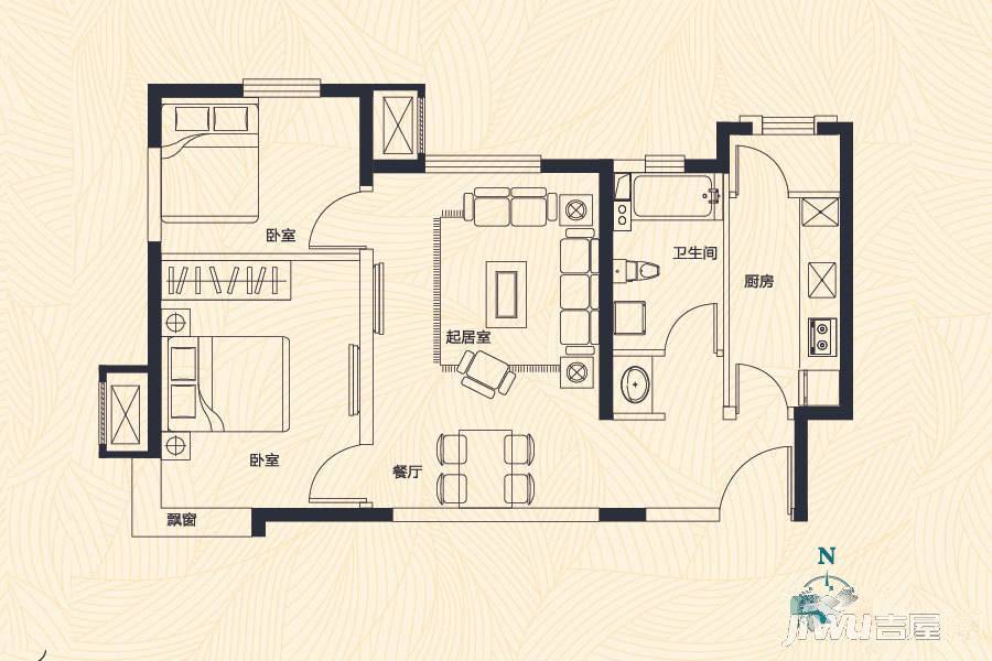 天物郁江溪岸2室2厅1卫80㎡户型图