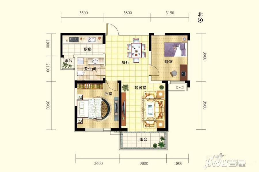 紫竹华庭2室2厅1卫93㎡户型图