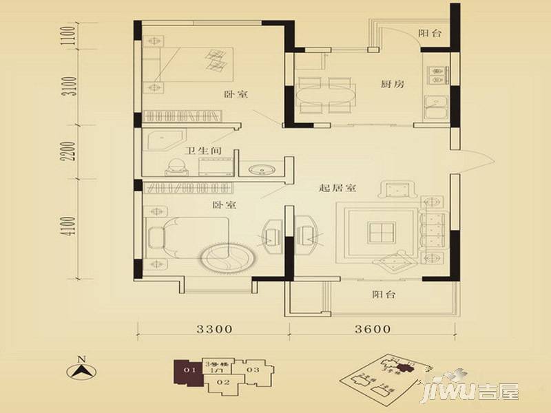 正馨佳居2室2厅1卫97.1㎡户型图