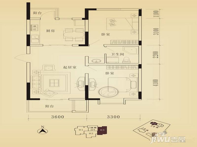 正馨佳居2室2厅1卫97.1㎡户型图