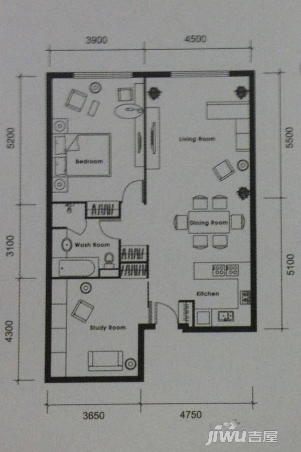 皇冠国际公寓1室2厅1卫122㎡户型图