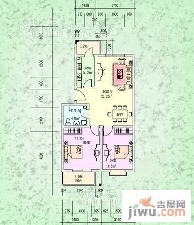 水岸蓝庭2室2厅1卫90㎡户型图