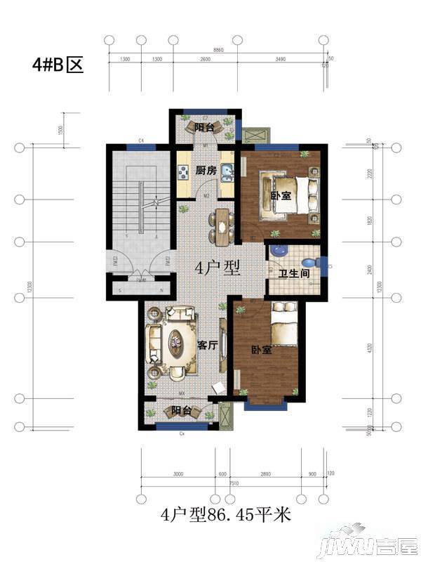 蕴海家园2室2厅1卫86.5㎡户型图