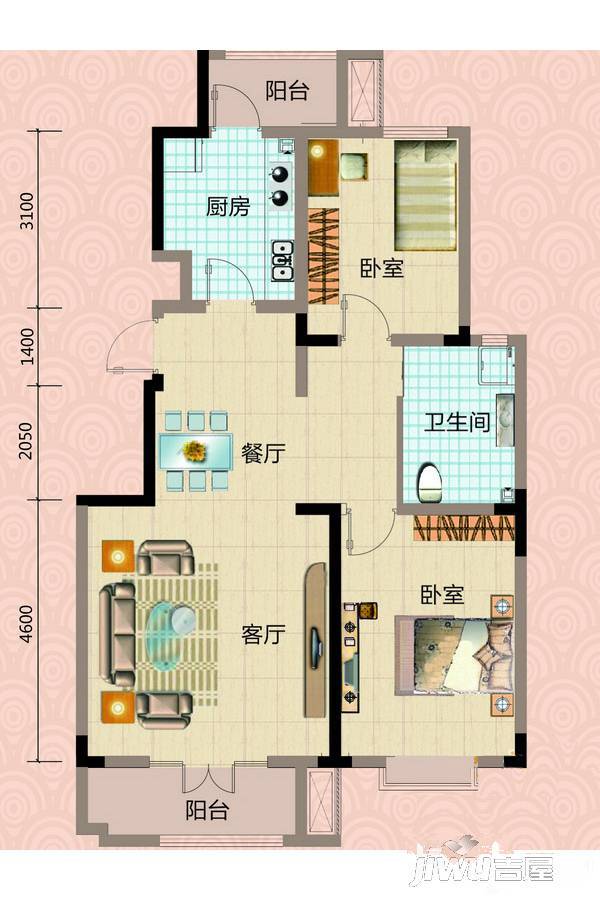 天津海棠湾花园2室2厅1卫102㎡户型图