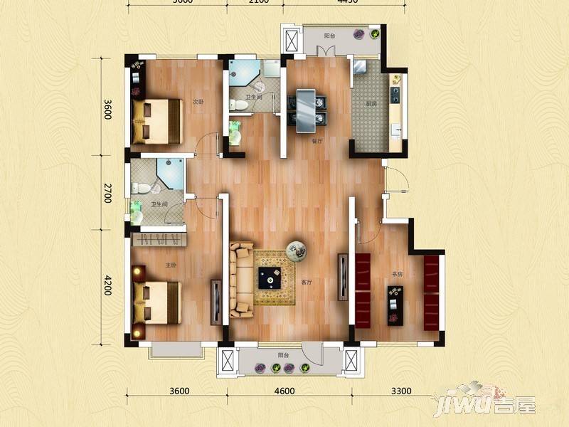 天津海棠湾花园2室2厅1卫88㎡户型图