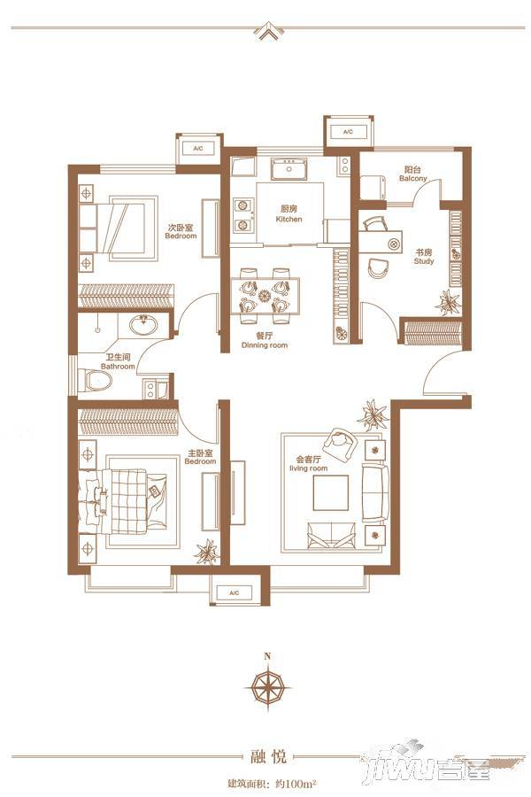 中建悦东方3室2厅1卫100㎡户型图