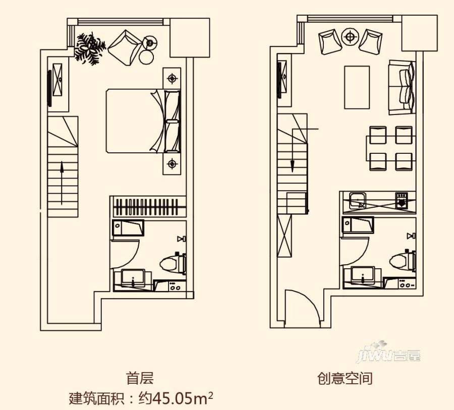 保利玫瑰湾薇公馆1室1厅2卫45㎡户型图