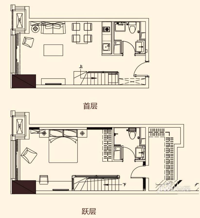 保利玫瑰湾薇公馆1室2厅2卫50㎡户型图