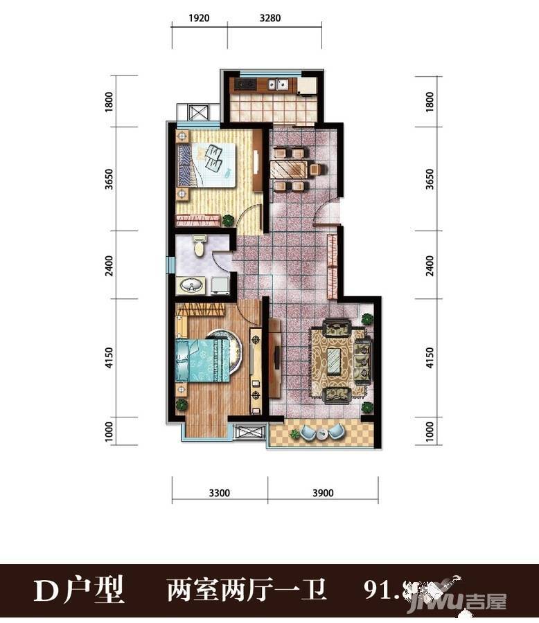 三源英华郡2室2厅1卫91.8㎡户型图