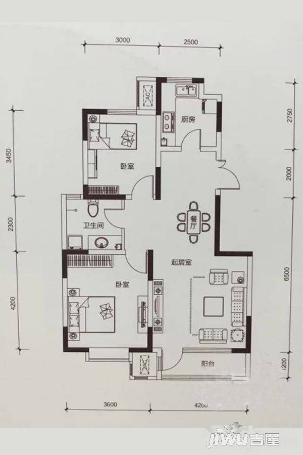 唐望府2室2厅1卫92.5㎡户型图