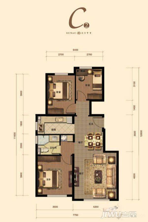 融创城3室2厅1卫98㎡户型图