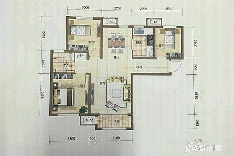 金地艺城悦府3室2厅1卫95㎡户型图